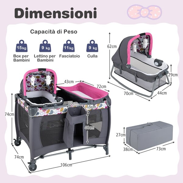 Costway Box portatile per bambini con culla a dondolo e fasciatoio, Lettino pieghevole pack per neonati e bambini fino a 3 anni Rosa scuro