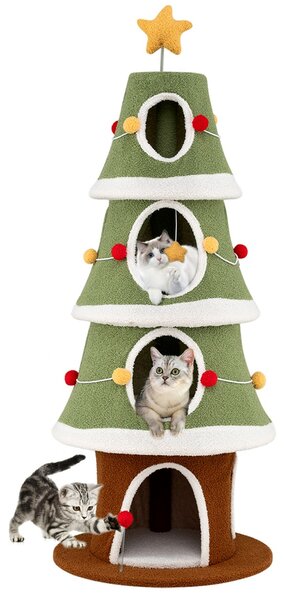 Costway Albero di Natale per gatti con 4 condomini e tappeto sisal, Mobile per arrampicata da interno per animali 154 cm