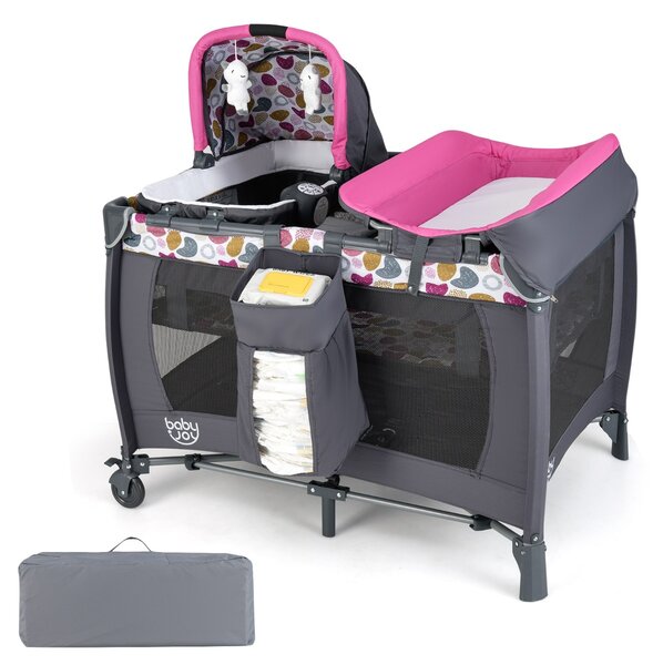 Costway Box portatile per bambini con culla a dondolo e fasciatoio, Lettino pieghevole pack per neonati e bambini fino a 3 anni Rosa scuro