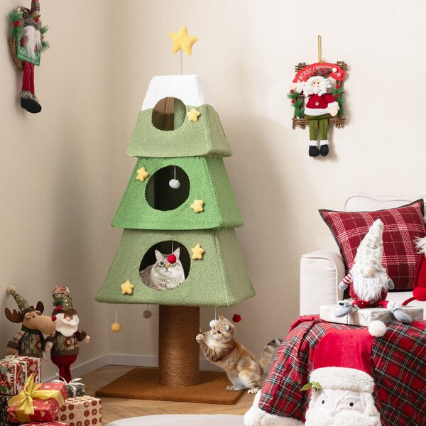 Costway Grande albero di Natale per gatti con 3 condo e palo tiragraffi in sisal, Mobile da arrampicata a più livelli per decorazione festiva