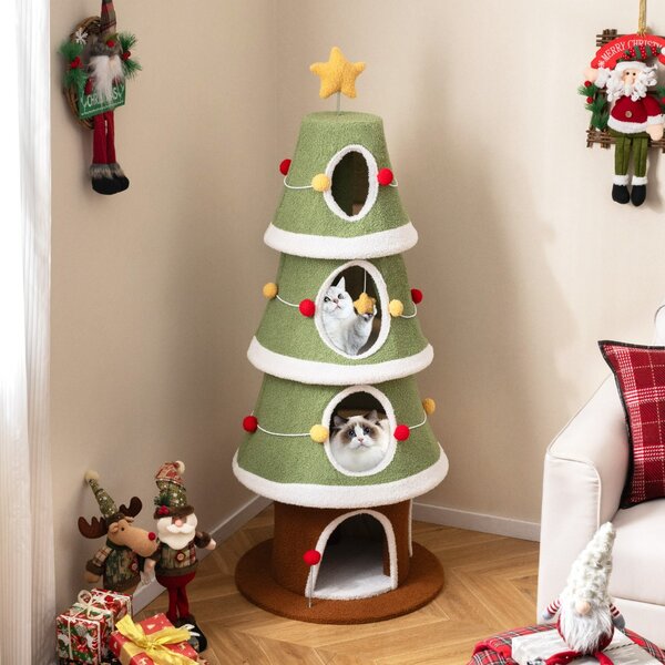 Costway Albero di Natale per gatti con 4 condomini e tappeto sisal, Mobile per arrampicata da interno per animali 154 cm