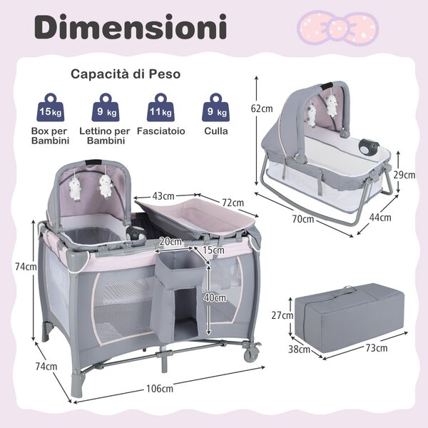 Costway Box portatile per bambini con culla a dondolo e fasciatoio, Lettino pieghevole pack per neonati e bambini fino a 3 anni Rosa