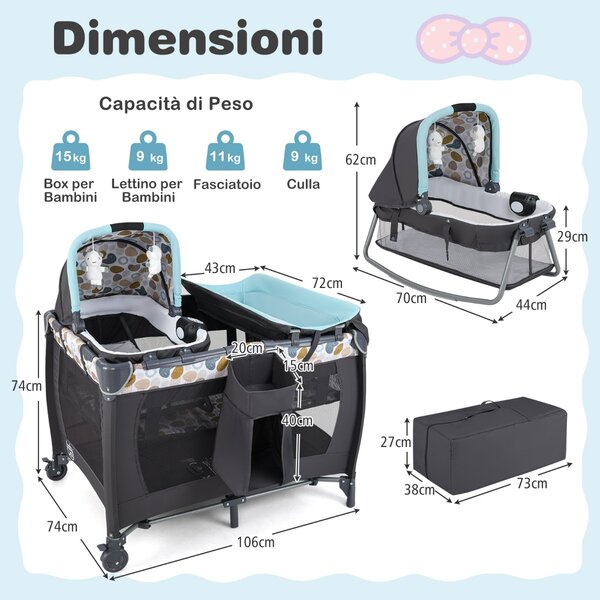 Costway Box portatile per bambini con culla a dondolo e fasciatoio, Lettino pieghevole pack per neonati e bambini fino a 3 anni Blu