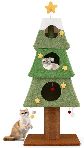 Costway Grande albero di Natale per gatti con 3 condo e palo tiragraffi in sisal, Mobile da arrampicata a più livelli per decorazione festiva