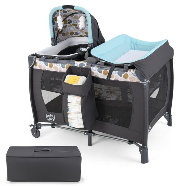 Costway Box portatile per bambini con culla a dondolo e fasciatoio, Lettino pieghevole pack per neonati e bambini fino a 3 anni Blu