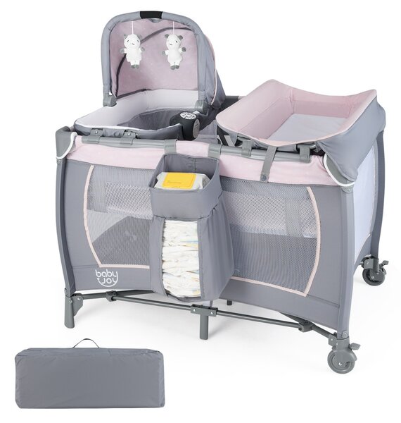 Costway Box portatile per bambini con culla a dondolo e fasciatoio, Lettino pieghevole pack per neonati e bambini fino a 3 anni Rosa