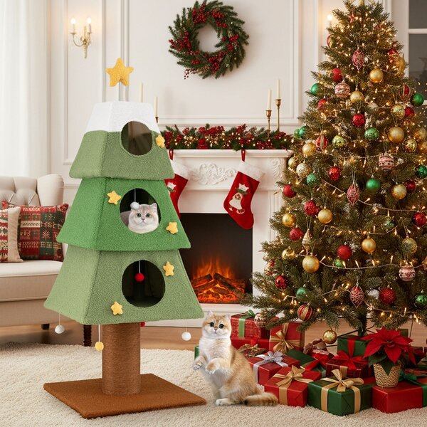 Costway Grande albero di Natale per gatti con 3 condo e palo tiragraffi in sisal, Mobile da arrampicata a più livelli per decorazione festiva