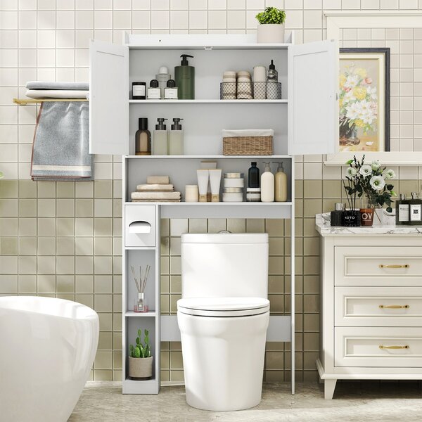 Costway Scaffale organizzatore con doppie ante e ripiano regolabile, Mobile contenitore sopra il WC per bagno e lavanderia Bianco