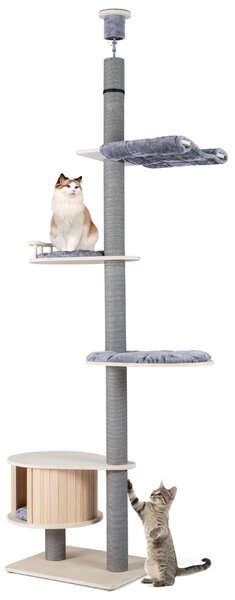 Costway Albero per gatti a soffitto torre per gatti in legno con altezza regolabile, Albero mobili da interno per gatti per arrampicata