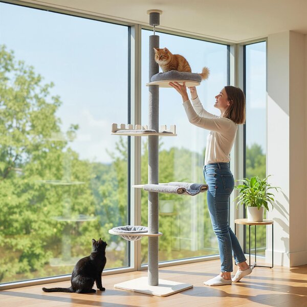 Costway Albero per gatti a 5 piani da pavimento a soffitto torre in legno con piattaforma, Albero amaca e cuscini rimovibili
