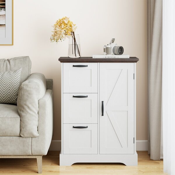 Costway Mobile da pavimento mobile accentato rustico con porta da fienile, Mobile credenza indipendente per cucina Bianco