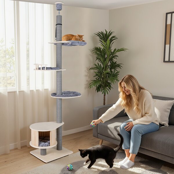 Costway Albero per gatti a soffitto torre per gatti in legno con altezza regolabile, Albero mobili da interno per gatti per arrampicata
