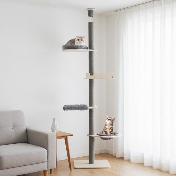 Costway Albero per gatti a 5 piani da pavimento a soffitto torre in legno con piattaforma, Albero amaca e cuscini rimovibili