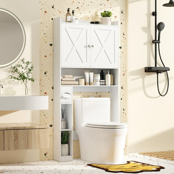 Costway Scaffale organizzatore con doppie ante e ripiano regolabile, Mobile contenitore sopra il WC per bagno e lavanderia Bianco