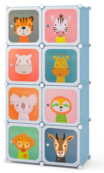 Costway Armadio per bambini portatile 8 cubi con barra appendiabiti, Armadio bambini mobile motivi adorabili per cameretta Blu