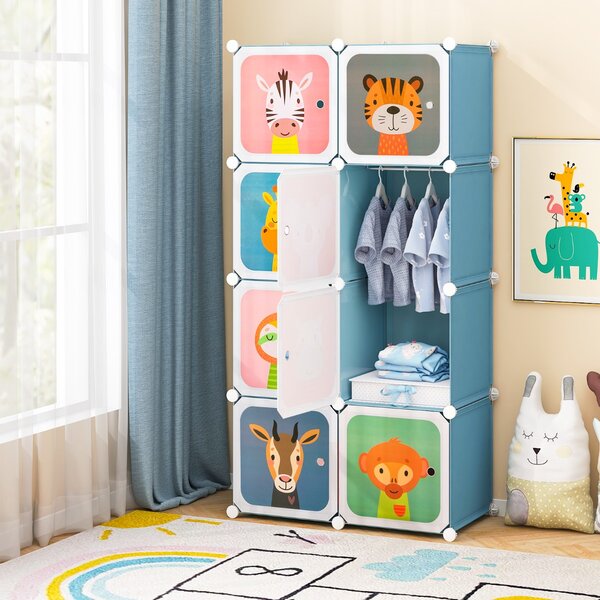Costway Armadio per bambini portatile 8 cubi con barra appendiabiti, Armadio bambini mobile motivi adorabili per cameretta Blu