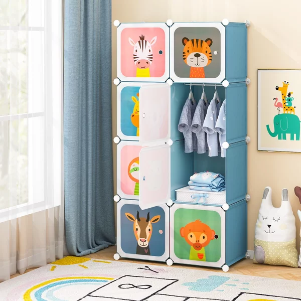 Costway Armadio per bambini portatile 8 cubi con barra appendiabiti, Armadio bambini mobile motivi adorabili per cameretta Blu