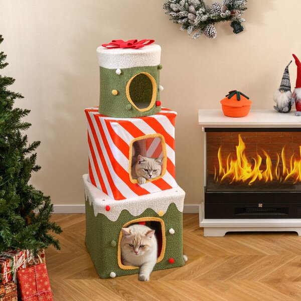 Costway Albero per gatti di natale da interno mobile alto 120cm con 3 condo, Albero per gatti caverne nascoste e pallina appesa Verde