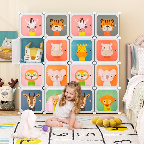 Costway Armadio per bambini portatile 8 cubi con barra appendiabiti, Armadio bambini mobile motivi adorabili per cameretta Blu