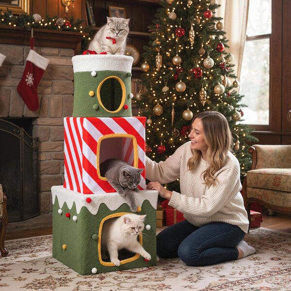 Costway Albero per gatti di natale da interno mobile alto 120cm con 3 condo, Albero per gatti caverne nascoste e pallina appesa Verde