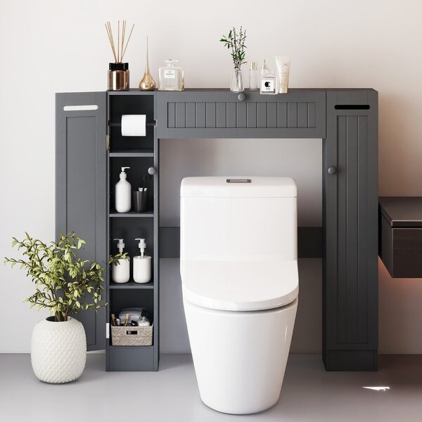 Costway Mobile sopra il wc con ripiani regolabili portarotolo per carta igienica, Mobile per bagno salvaspazio Grigio