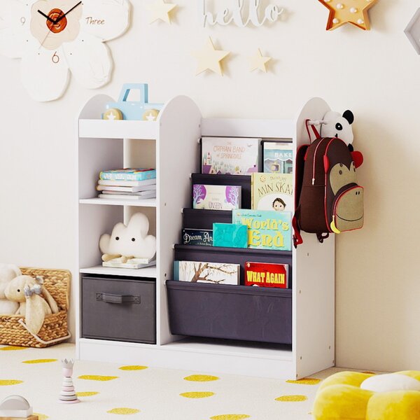 Costway Libreria per bambini con specchio scaffale giocattoli 4 ripiani a rete, Libreria bambini montessori 4 livelli sala giochi Bianco