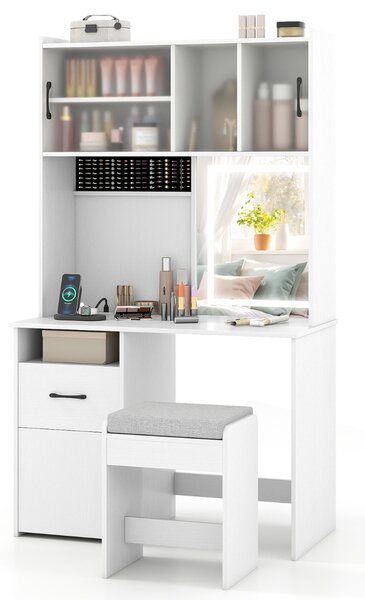 Costway Tavolo da toeletta con specchio e luci con prese di corrente 3 modalità di illuminazione, Tavolo cassetto e sgabello