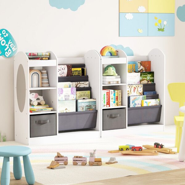Costway Libreria per bambini con specchio scaffale giocattoli 4 ripiani a rete, Libreria bambini montessori 4 livelli sala giochi Bianco