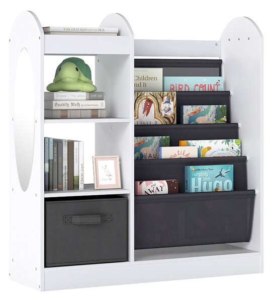 Costway Libreria per bambini con specchio scaffale giocattoli 4 ripiani a rete, Libreria bambini montessori 4 livelli sala giochi Bianco