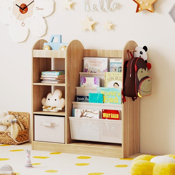 Costway Libreria per bambini con specchio scaffale giocattoli 4 ripiani a rete, Libreria bambini montessori 4 livelli sala giochi Legno naturale