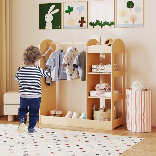Costway Piccolo armadio per bambini con specchio appendiabiti scaffali, Armadio di stoccaggio per stanza di giochi Legno naturale