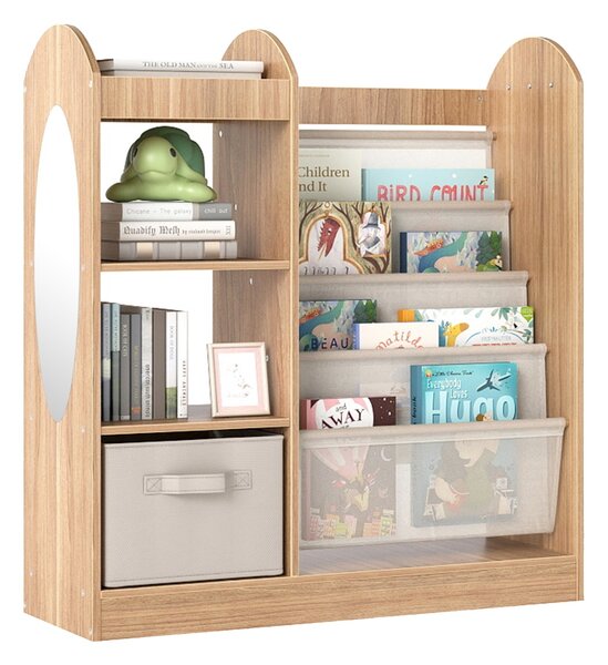 Costway Libreria per bambini con specchio scaffale giocattoli 4 ripiani a rete, Libreria bambini montessori 4 livelli sala giochi Legno naturale