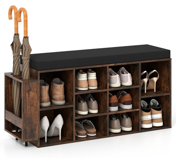 Costway Panca porta scarpe scarpiera a 10 scomparti con seduta imbottita, Panca porta scarpe con portaombrelli Marrone