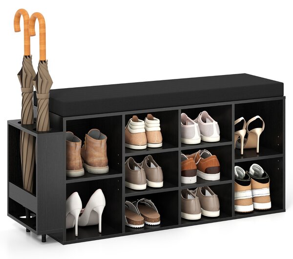 Costway Panca porta scarpe scarpiera a 10 scomparti con seduta imbottita, Panca porta scarpe con portaombrelli Nero