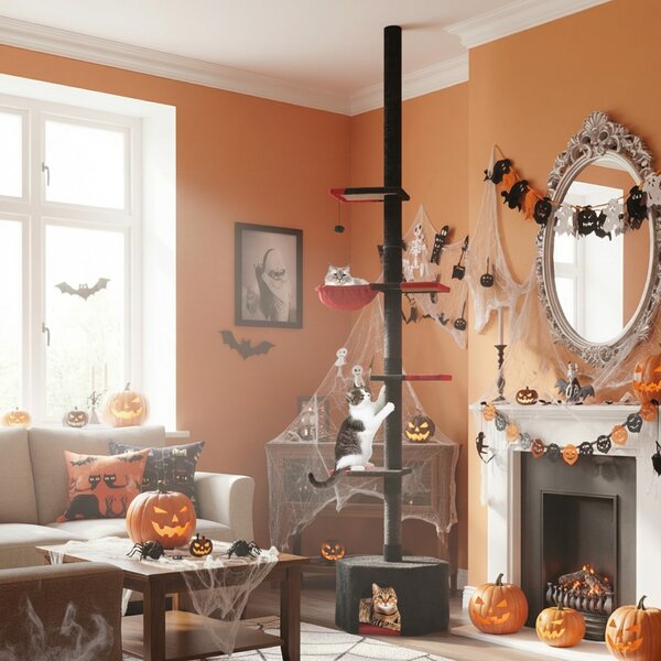 Costway Albero per gatti da pavimento a soffitto regolabile 245-300 cm, Albero per gatti torre a 5 livelli con condo Nero