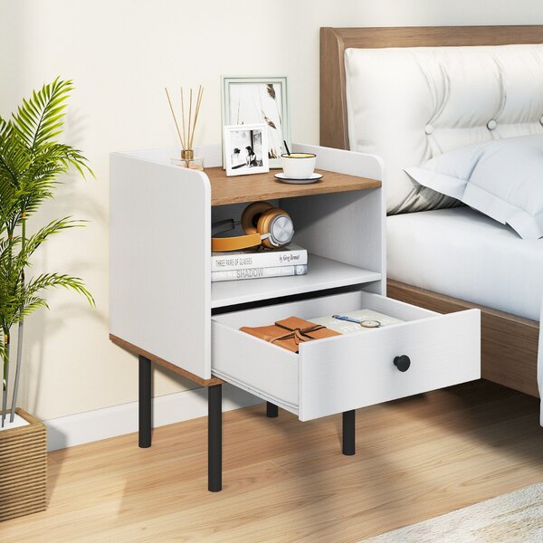 Costway Comodino tavolino da letto con cassetto moderno tavolino laterale in metallo, Comodino tavolino compatto Bianco