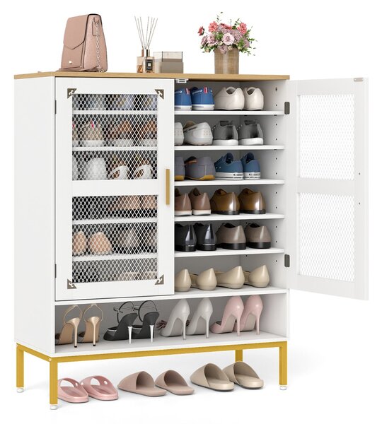 Costway Armadio porta scarpe in legno con ripiani regolabili e gambe in metallo, Armadio porta scarpe a 7 livelli con porte in rete Bianco