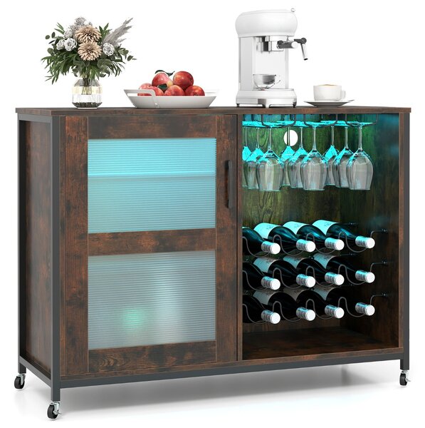 Costway Mobile bar per vino con luce led credenza buffet con ripiani regolabili, Mobile bar per vino supporti per bicchieri Marrone