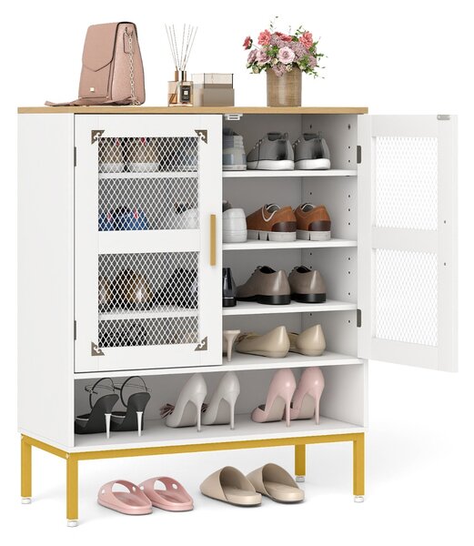 Costway Armadio porta scarpe in legno con mensole regolabili e gambe metallo, Armadio porta scarpe a 5 ripiani con ante rete Bianco