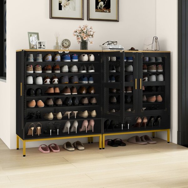 Costway Armadio porta scarpe in legno con ripiani regolabili e gambe in metallo, Armadio porta scarpe a 7 livelli con porte in rete Nero