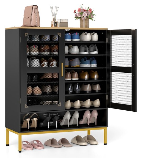 Costway Armadio porta scarpe in legno con ripiani regolabili e gambe in metallo, Armadio porta scarpe a 7 livelli con porte in rete Nero