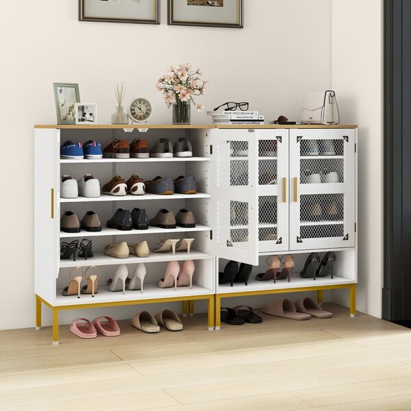 Costway Armadio porta scarpe in legno con mensole regolabili e gambe metallo, Armadio porta scarpe a 5 ripiani con ante rete Bianco
