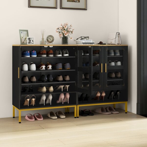 Costway Armadio porta scarpe in legno con mensole regolabili e gambe metallo, Armadio porta scarpe a 5 ripiani con ante rete Nero