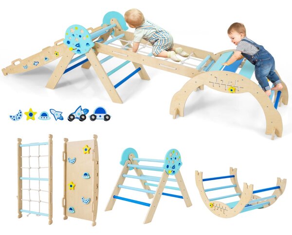 Costway Set triangolo giocattoli pieghevoli per bambini che scalano, Triangolo palestra interno con scivolo ad arco Blu