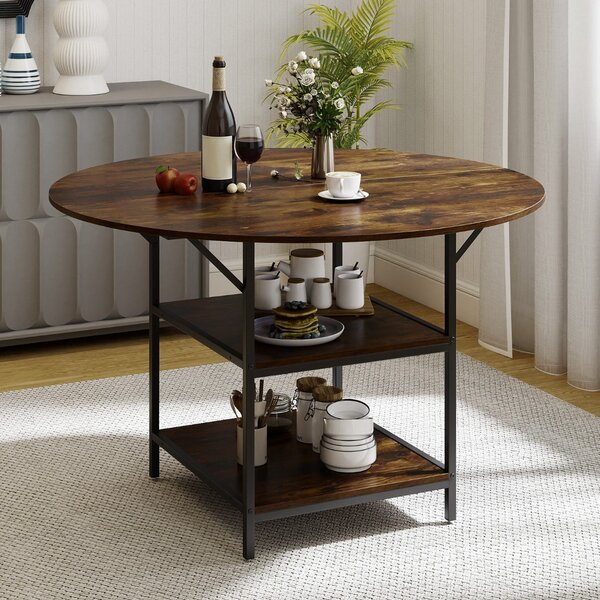Costway Tavolo da pranzo rotondo rustico ripiano aperto a 2 livelli, Tavolo da pranzo rotondo 120 cm per 4-6 persone Marrone