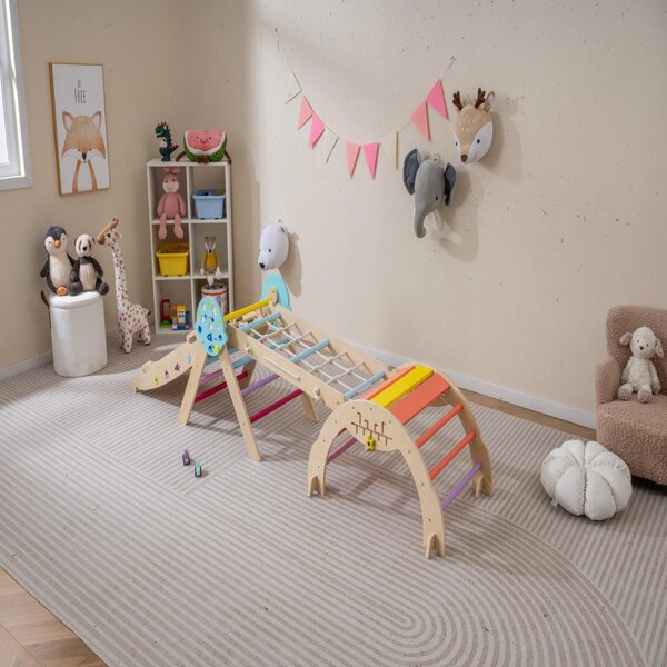 Costway Set triangolo giocattoli pieghevoli per bambini che scalano, Triangolo palestra interno con scivolo ad arco Colorato