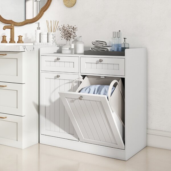 Costway Mobiletto con cesto per biancheria doppio con 2 cesti, Mobiletto con cesto mobile da bagno indipendente Bianco