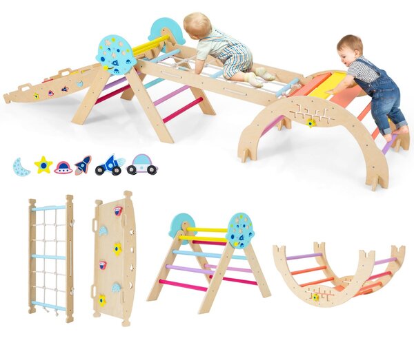 Costway Set triangolo giocattoli pieghevoli per bambini che scalano, Triangolo palestra interno con scivolo ad arco Colorato