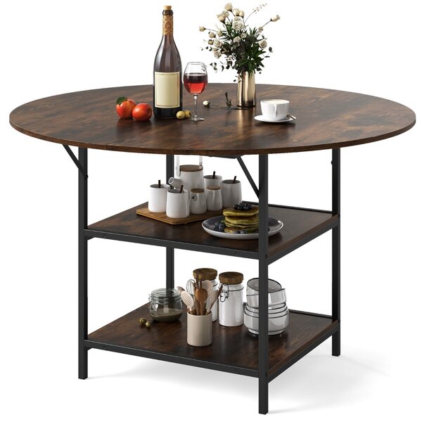Costway Tavolo da pranzo rotondo rustico ripiano aperto a 2 livelli, Tavolo da pranzo rotondo 120 cm per 4-6 persone Marrone