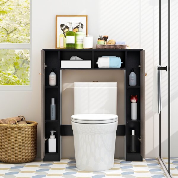 Costway Scaffale sopra wc con doppia anta 2 scomparti aperti e 4 ripiani regolabili, Mobile a ponte per bagno Marrone